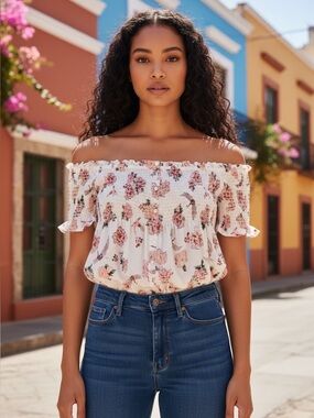 Atmosphere floral off the shoulder smocked top 16